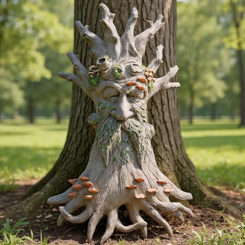 12" Real Tree Face Hugger Statue, Garden Trees Tree Huggers Decor with Mushroom Foliage Features, Outdoor Fairy Elve Accent Yard Art, Halloween Trees Decorations Outdoor Wall Mounted Statue - color: White Brown