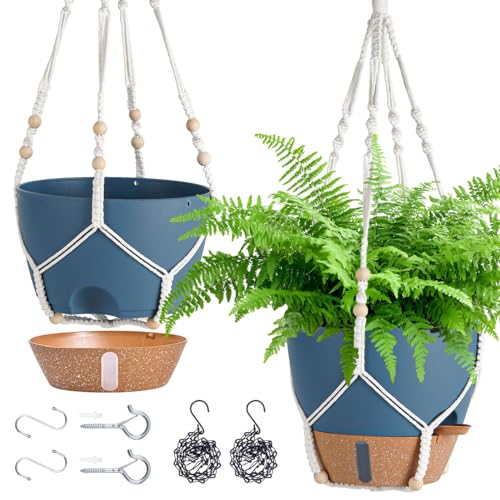 10 Inch Self Watering Hanging Planters for Indoor Plants, 2 Pack | Navy blue Hanging Baskets for Plants Outdoor with Drainage, Visible Water Window, Metal Chains & Macrame Plant Hangers - color: Navy Blue, size: 10 Inch