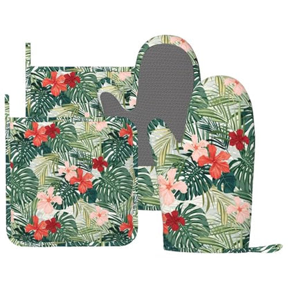 Tropical Floral Oven Mitts and Pot Holders for Heat Resistant Hawaiian Plant Silicone Oven Mittens and Jungle Palm Leaf Hibiscus Potholders Gloves Hot Pads for Kitchen Cooking Baking Grilling - color: Red Green