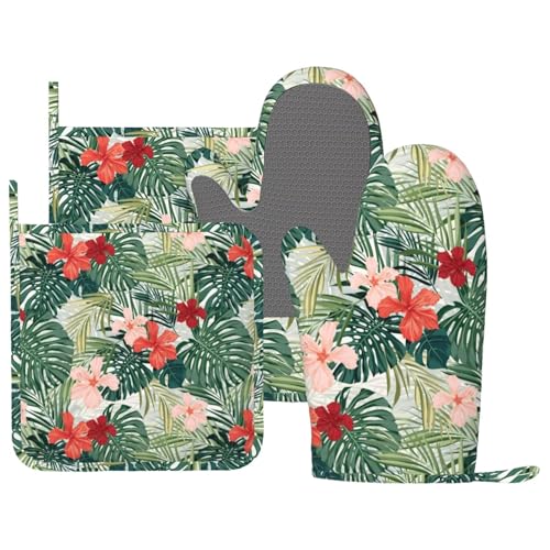 Tropical Floral Oven Mitts and Pot Holders for Heat Resistant Hawaiian Plant Silicone Oven Mittens and Jungle Palm Leaf Hibiscus Potholders Gloves Hot Pads for Kitchen Cooking Baking Grilling - color: Red Green