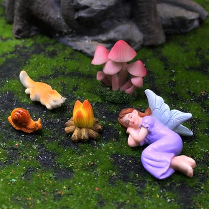 Miniature Fairy Garden Decorations Set, 5-Piece with Sleeping Fairy, Pink Mushrooms, Glowing Bonfire, Squirrel, and Snail, for Girls Fairy Garden Accessories - style: Sleeping Fairy Set 5pcs