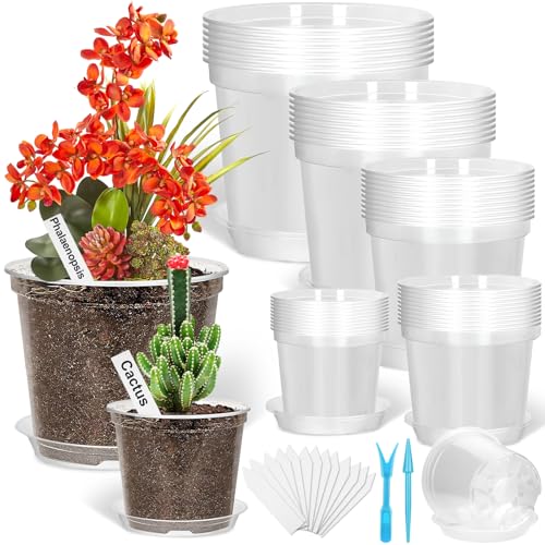 142Pcs Clear Plastic Nursery Pots with Drainage Holes and Saucers, 45Packs 3/4/5/6/7Inch Seedling Starter Flower Pots with Tool for Indoor Outdoor Gardening Flower, Herb, Succulent Transplanting - size: 3/4/5/6/7 Inch