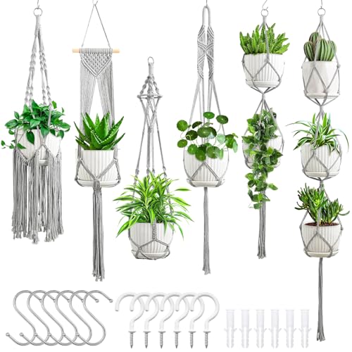 SFENNGPET Macrame Plant Hangers, 6Pack Hanging Planters for Indoor Plants - color: Gray