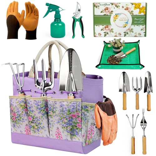 Garden Tool Set, 10 PCS Gardening Tools/Kit for Women,Gardener Gift | 10 PCS Gardening Essentials, Stainless Steel Hand Tools Tote Bag, Well-Designed Gardening Supplies Gifts for Women Gardeners - color: Purple