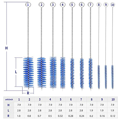CiaraQ Bottle Cleaning Brushes, 8 Inch Nylon Tube Brush Set, Cleaner for Narrow Neck Bottles Cups with Hook, Set of 10pcs. (Pack of 2) - color: Navy Blue, size: 8.0 Inch (10pcs) (Pack of 2)