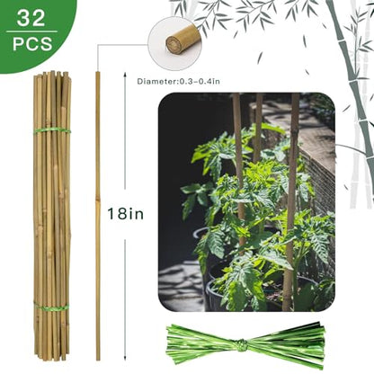 [32 Pcs] Garden Stakes, 18 Inches Natural Bamboo Plant Stakes, Plant Support Stakes with Twist Ties, Bamboo Sticks for Tomatoes, Beans, Flowers, Potted Plants, Indoor and Outdoor Climbing Plants - size: 1.5 Ft, 32 Pack