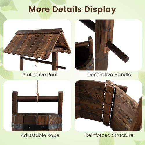 Giantex Wooden Wishing Well Planter with Hanging Bucket, Carbonized Fir Wood Outdoor Garden Planter for Flowers, Rustic Decorative Flower Pot for Yard Patio Deck Home Decor