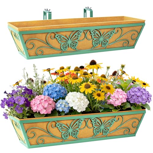 2 Pack 24 Inch Window Boxes Planter for Outdoor Plants Deck Railing Planters Box with Adjustable Brackets for Porch Fence Balcony Hanging Flower Baskets with Liner for Garden Décor - Green - color: Green, size: 24 Inch - 2 Pack