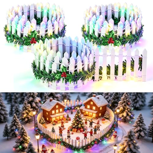 3 PCS 35 Inch Mini Christmas Garden Fence with Light, with Holly leaves - color: 3 Pcs Holly Leaves With Lights White