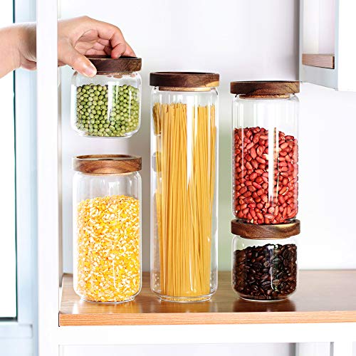 Glass Canisters Set of 5 for the kitchen, Glass Storage Container jars with Airtight Acacia Lid for Coffee Beans, Flour, Sugar, Rice and Spaghetti and etc - color: Clear Glass - Acacia Lids (Set of 5)