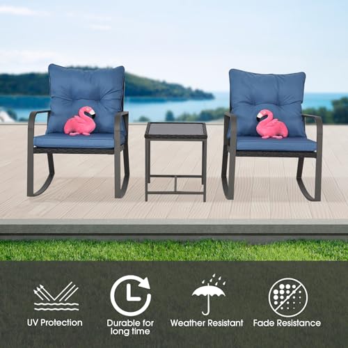 Bistro 3 Piece Patio Furniture Set, Patio Table and Rattan Outdoor Rocking Chairs Set of 2, Outdoor Bistro Conversation Set for Garden, Balcony, Poolside, Backyard, Blue - color: Blue