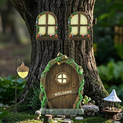 Miniature Fairy Door and Windows Garden Kit Accessories,Glow in The Dark Fairy Door Windows Yard Art Sculpture Decoration Garden Decor(Wood)