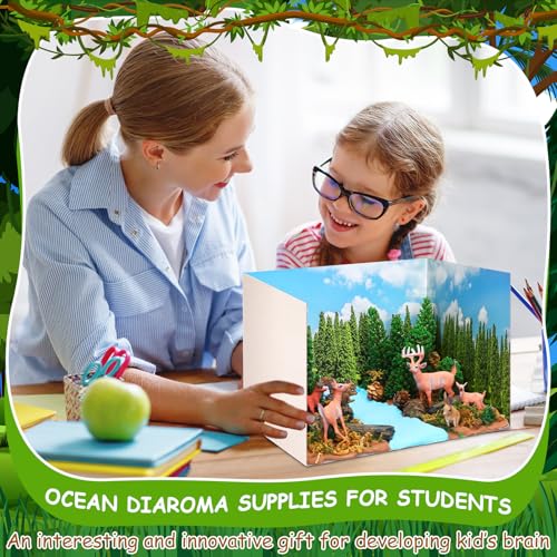 Simgoing Forest Diorama Kit Project Supplies Include Woodland Animals Figures Deer Figures Artificial Model Tree Fake Rocks Moss with Gift Box for Gifts Birthday Christmas Party Favors - style: Woodland Animals