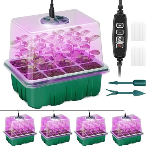 Seed Starter Trays with Grow Light Kit, 4 Pack Plant Greenhouse Propagator | 12-Cell Tray, Humidity Temperature Vented Dome, Green Base, Brightness/ Timing Controller and Gardening Tools for Indoor Use - size: 4-Pack (Green)