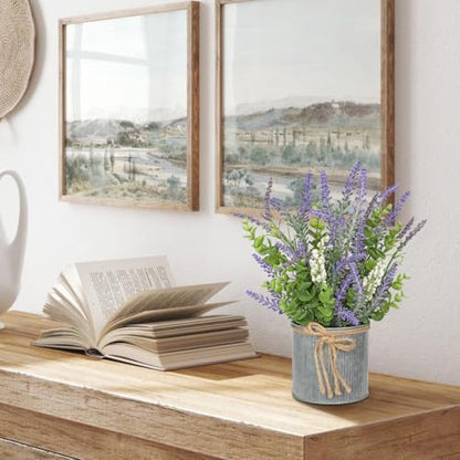 DILATATA Rustic Lavender Flowers Artificial Lavender Decor Fake Lavender Plant in Metal Pot Faux Plants in Pots for Home Bathroom Table Centerpieces Wedding Decor Potted Lavender Flower Purple Decor - size: 13" G.P