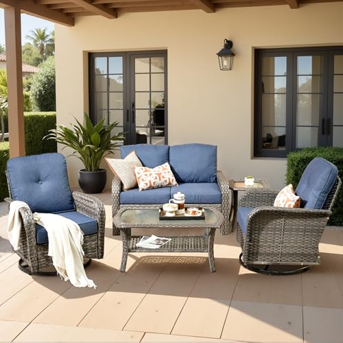 5 Piece Wicker Patio Furniture Set with Glider Chair, Denim Blue - color: Denim Blue, size: 5 Pcs Patio Set
