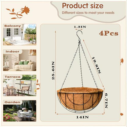14 inch Metal Hanging Baskets For Plants Outdoor 4 Pack Round Metal Wire Hanging Basket Planter with Coco Fiber Liners Plant Holder for Garden, Patio, Deck, Porch Plants Flower Potss Outdoor(Grid) - size: 14 Inch, style: Grid