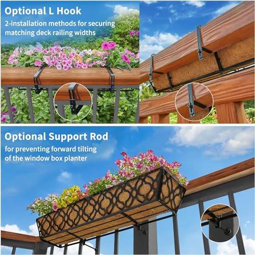 Y&M 4-Pack 30 Inch Railing Planter Boxes 24 Inch 2 Pack, Hanging Balcony Planter, Adjustable Deck Railing Planter Box, Metal Window Boxes Outdoor for Fence, Porch Flower Pots Holder - color: 30inchflo4pcs