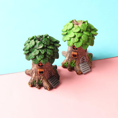 2PC Resin Fairy Tale Treehouse Figurine, Miniature Garden Gnome Home, Plant-Themed Collectible for Indoor/Outdoor Decor & DIY Bonsai/Fairy Garden