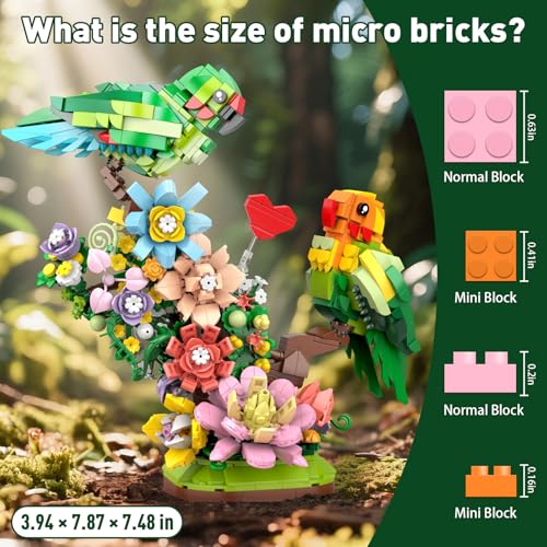 Vziimo Flowers & Love Bird Building Set, Flower Animals Parrot Botanicals Decor Model Kit with LED, Creator Animal Toys Gifts Ideas for Adults and Teens Age 14+ (1050 PCS) - style: Love Birds