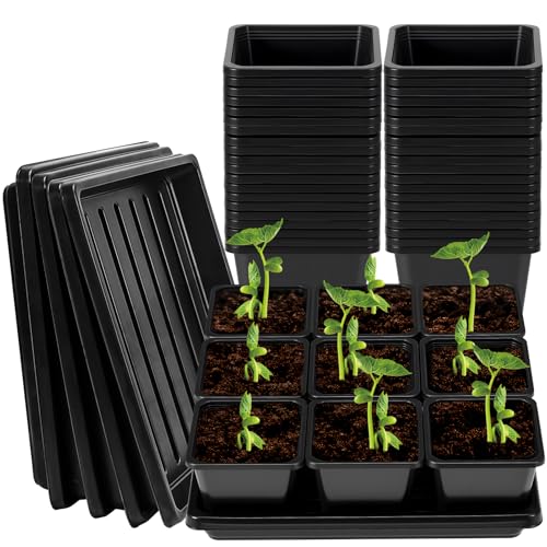 3.5in 50Pcs Black Square Nursery Pots with 5Pcs Plastic Seed Starting Trays