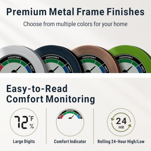 Digital Hygrometer Indoor Thermometer, Brushed Metal Frame, Bronze | Large round display, clear digits, accurate readings, comfort gauge, humidity meter, room temperature and humidity monitor - color: Bronze