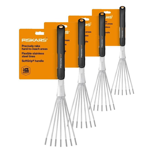 Fiskars Xact Hand Rake, Heavy Duty Gardening Hand Tool with Ergonomic Handle and Hanging Hole for Storage, Stainless Steel Head and Tines, Perfect for Maintaining a Raised Garden Bed (Pack of 4) - size: Rake (Pack of 4)