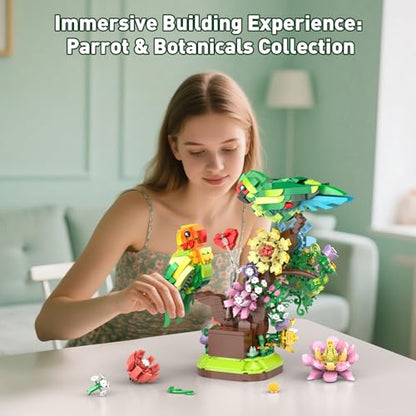 Vziimo Flowers & Love Bird Building Set, Flower Animals Parrot Botanicals Decor Model Kit with LED, Creator Animal Toys Gifts Ideas for Adults and Teens Age 14+ (1050 PCS) - style: Love Birds