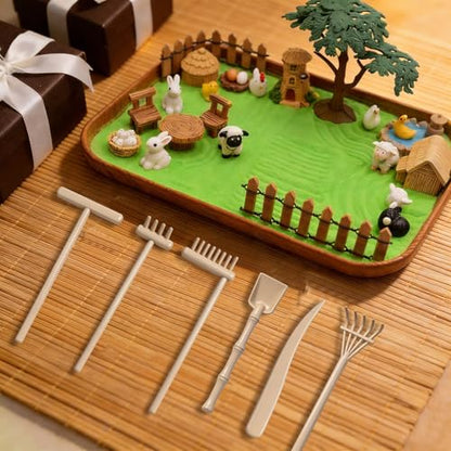 32 Pcs Zen Garden Kit for Desk, Mini Zen Sand Garden with Wooden Tray & Rake, Realistic Farm Animal & Figurines, Farmhouse Stress Relief Fidget Toy for Adults Home & Office, Mindfulness Gift