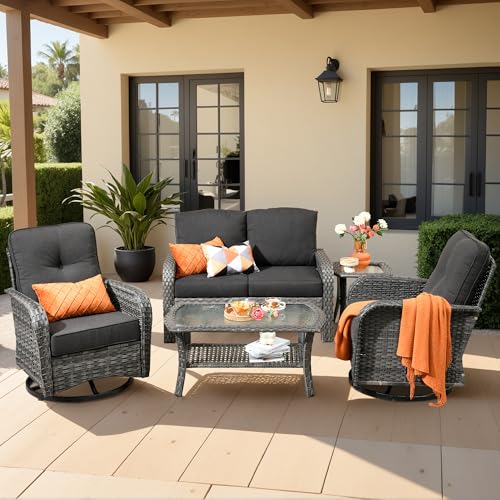 5 Piece Wicker Patio Furniture Set with Glider Chair, Black - color: Black, size: 5 Pcs Patio Set