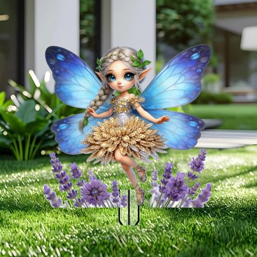 Fairy Garden Stakes Decor Yard Acrylic - 2D Garden Elf Acrylic Sign Decoration, Fantasy Yard Art, Gift for Nature Lovers, for Indoor & Outdoor Flower Pots, Yard, Mini Gardens & Lawn (5.9”x5.9”) - color: D