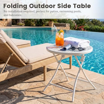 TeoKJ Folding Small Outdoor Side Table, Anti Rust Patio Metal Table - color: White
