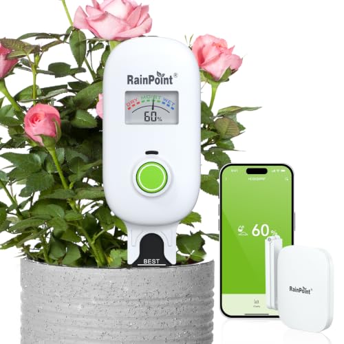 RAINPOINT Smart Soil Moisture Meter Kit with WiFi Hub,Remote App Monitoring | Complete Kit with Leave-In Wireless Soil Sensor, Data Logging, Low-Moisture Alerts, and RAINPOINT Smart Watering Integration - size: Sensor + Hub, Color-Coded Scale