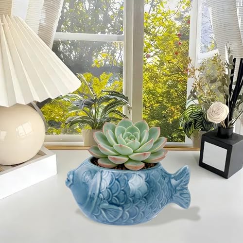 SUNNYCLUE Ceramic Succulent Pot Fish Ceramic Pot with Drainage Hole Ocean Series Summer Sea Hawaii Blue Flower Vase Bonsai Cactus Planters for Indoor Outdoor Plants Office Home Garden Decorations - style: Fish