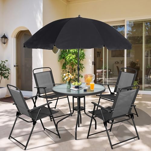 Vongrasig 6 Piece Folding Patio Dining Set,Small Metal Outdoor Garden Patio Table and Chair Set w/Umbrella for Lawn,Deck,Backyard,Black - color: Black