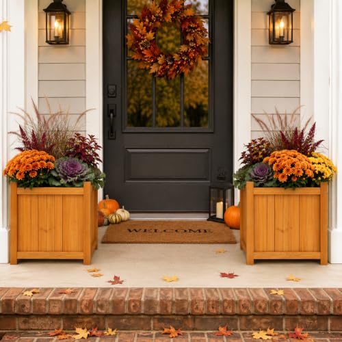 2-Pack 16" Square Fir Wood Planter Boxes with Drainage Holes | Fir Wood Outdoor Planter with Drainage Holes, Removable Base & Liner for Flowers, Herbs, Vegetables, Patio, Garden - color: Square Planter Boxes-natural Fir Wood Color