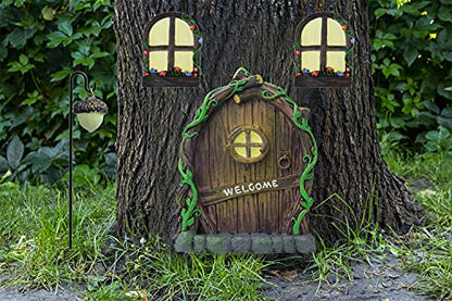 Resin Miniature Fairy Gnome Home Windows and Welcome Door with Fairy Lantern,Glow in Dark Art Sculpture for Trees Outdoor Indoor Garden Yard Wall Decorations