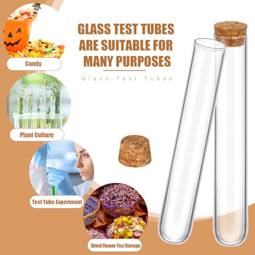 Thyle Glass Test Tubes with Cork Clear Stoppers Round Bottom Lab Test Alcohol Tampons Glass Tubes Container Vials for Plants Scientific Experiments Candy Storage Party Favors (200pcs,20x150mm/35ml) - size: 20x150mm/35ml