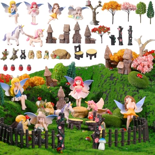 58 Pcs Miniature Garden Set Flower Angel Fairy House Animals Trees Diorama Supplies Fairy Village Mini Terrarium Figurines Micro Landscape Ornaments for DIY Garden Decor Succulent Dollhouse Craft