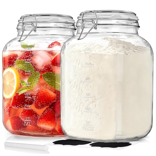1 Gallon Glass Jars, Large Glass Storage Containers with Lids, Mason Jar | 4200 ML Square Canning Jars with 2 Scales, 4.3" Wide Mouth, Airtight Flip Lid, BPA Free, 2 Pc Canisters for Pet, Food Grade - size: 1 gallon