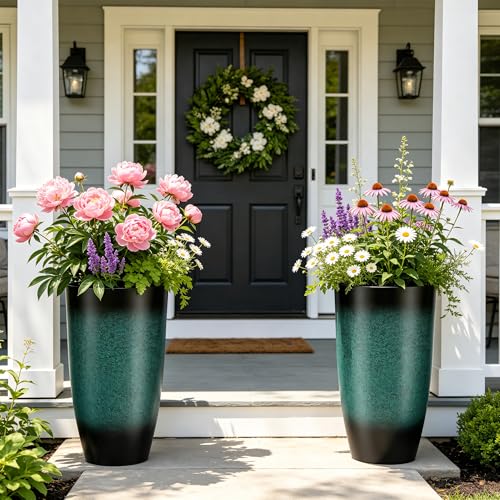 Autodaya 24" Tall Large Outdoor Planters for Plants Set of 2, Faux Ceramic - color: Gradient Turquoise-24"h