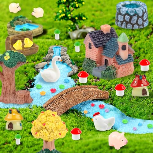 QUOZUO 50 Pcs Fairy Garden Miniatures Accessories Bridge House Landscape Water Well Animal Fence Tree Stone Chair Table Pond Mushroom Lawn Ornament for DIY Craft Mini Garden Scenery Succulent Decor