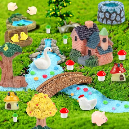 QUOZUO 50 Pcs Fairy Garden Miniatures Accessories Bridge House Landscape Water Well Animal Fence Tree Stone Chair Table Pond Mushroom Lawn Ornament for DIY Craft Mini Garden Scenery Succulent Decor