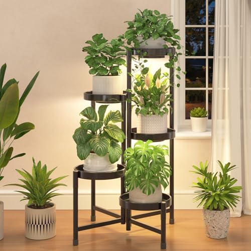 iDavosic.ly Plant Stand Indoor with Grow Lights, 5 Tier Metal Shelf, Black | Corner Tiered Flower Display Holder, Folding Multi Orchid Rack for Outside Patio Balcony Porch Garden, Easy to Assemble - color: Black with Lights, size: 5 Tiers