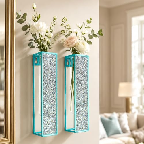 2 Pack Boho Wall VAE Decor with Tubes Metal Wall Art Hanging Planters Display Art Modern Home Metal Vase for Bedroom Living Room Home Office - color: Turquoise-crys Silver Colored