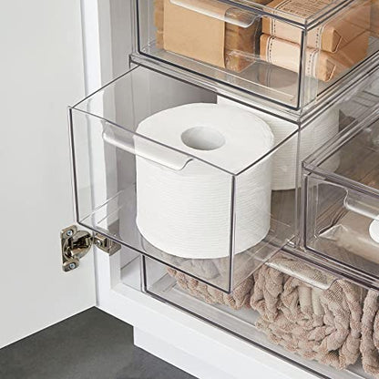 mDesign Plastic Stackable Bathroom Storage Organizer Bin with Pull Out Drawer for Cabinet, Vanity, Shelf, Cupboard, Cabinet, or Closet Organization - Lumiere Collection - 8 Pack - Clear - size: 8 x 12 x 6 (Pack of 8)