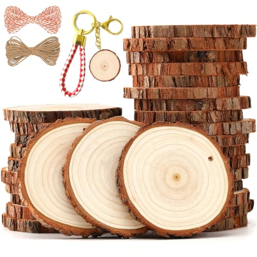 SENMUT Wood Slices 30 Pcs 3.1-3.6inch Natural Rounds Unfinished Wooden Circles Christmas Ornaments for Crafts Wood Kit Predrilled with Hole Wood Coasters, Craft Supplies for DIY and Painting - size: 30PCS(3.1"-3.6"）with Hole
