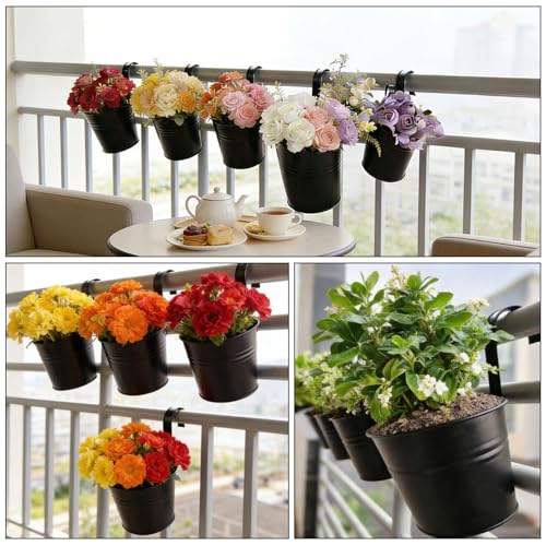 5 Inch Hanging Flower Pots, 5 Pcs, Metal Buckets, Black | Removable Hooks, Drainage Holes, For Wall, Fence, Balcony, Patio Home Decor - size: 5 Inch