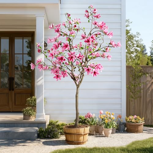 Tall Fake Magnolia Flower Tree Artificial Trees Cherry Blossom Floor plantas Indoor Outdoor Realistic for Home Living Room Office Porch Outside Patio arboles para decoracion Housewarming Gift - color: Pink