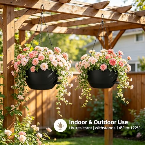 12" Self Watering Hanging Planters with Chains, Black, 2 Pack - color: Black, size: 2 pack 12 inches